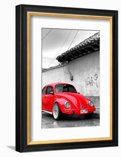 ¡Viva Mexico! B&W Collection - Red VW Beetle in San Cristobal de Las Casas-Philippe Hugonnard-Framed Photographic Print