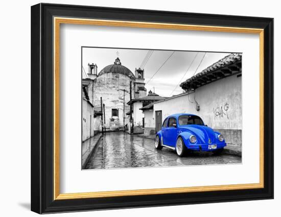 ¡Viva Mexico! B&W Collection - Royal Blue VW Beetle Car in San Cristobal de Las Casas-Philippe Hugonnard-Framed Photographic Print
