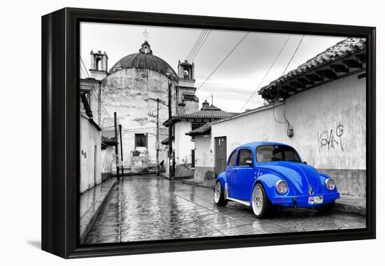 ¡Viva Mexico! B&W Collection - Royal Blue VW Beetle Car in San Cristobal de Las Casas-Philippe Hugonnard-Framed Premier Image Canvas