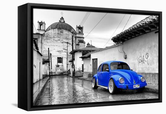 ¡Viva Mexico! B&W Collection - Royal Blue VW Beetle Car in San Cristobal de Las Casas-Philippe Hugonnard-Framed Premier Image Canvas