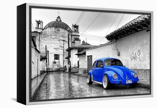 ¡Viva Mexico! B&W Collection - Royal Blue VW Beetle Car in San Cristobal de Las Casas-Philippe Hugonnard-Framed Premier Image Canvas