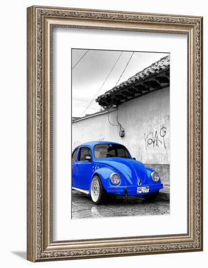 ¡Viva Mexico! B&W Collection - Royal Blue VW Beetle in San Cristobal de Las Casas-Philippe Hugonnard-Framed Photographic Print