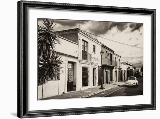 ¡Viva Mexico! B&W Collection - White VW Beetle Car in Mexican Street-Philippe Hugonnard-Framed Photographic Print