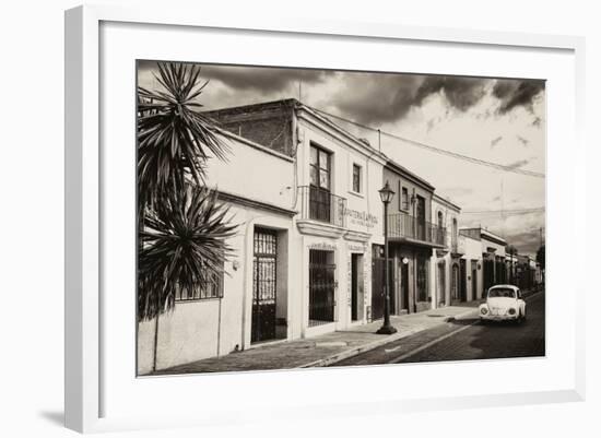 ¡Viva Mexico! B&W Collection - White VW Beetle Car in Mexican Street-Philippe Hugonnard-Framed Photographic Print