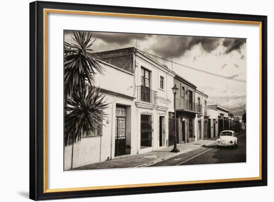 ¡Viva Mexico! B&W Collection - White VW Beetle Car in Mexican Street-Philippe Hugonnard-Framed Photographic Print