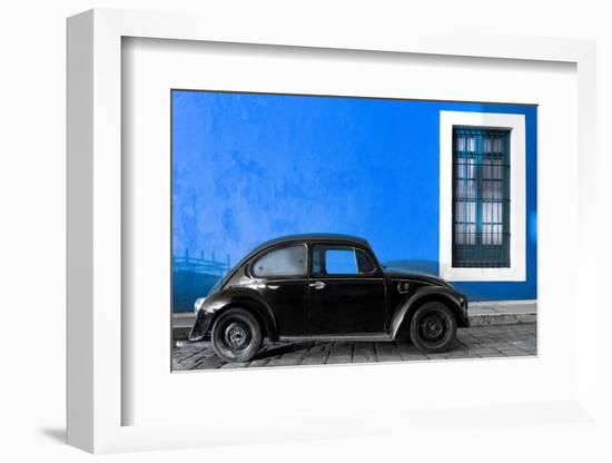 ¡Viva Mexico! Collection - Black VW Beetle Car with Dark Blue Street Wall-Philippe Hugonnard-Framed Photographic Print