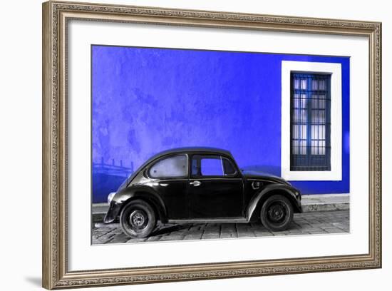 ¡Viva Mexico! Collection - Black VW Beetle Car with Royal Blue Street Wall-Philippe Hugonnard-Framed Photographic Print