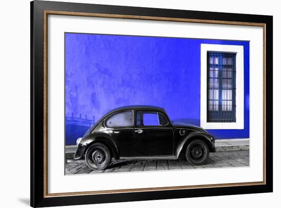 ¡Viva Mexico! Collection - Black VW Beetle Car with Royal Blue Street Wall-Philippe Hugonnard-Framed Photographic Print