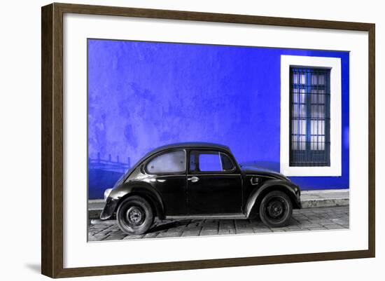 ¡Viva Mexico! Collection - Black VW Beetle Car with Royal Blue Street Wall-Philippe Hugonnard-Framed Photographic Print