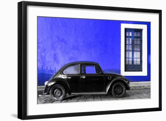 ¡Viva Mexico! Collection - Black VW Beetle Car with Royal Blue Street Wall-Philippe Hugonnard-Framed Photographic Print
