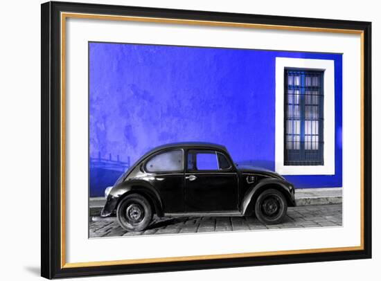 ¡Viva Mexico! Collection - Black VW Beetle Car with Royal Blue Street Wall-Philippe Hugonnard-Framed Photographic Print