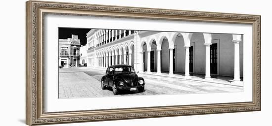 ¡Viva Mexico! Panoramic Collection - Black VW Beetle and Mexican Architecture B&W II-Philippe Hugonnard-Framed Photographic Print