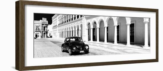 ¡Viva Mexico! Panoramic Collection - Black VW Beetle and Mexican Architecture B&W II-Philippe Hugonnard-Framed Photographic Print