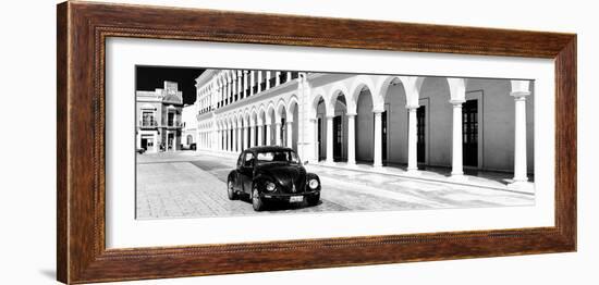 ¡Viva Mexico! Panoramic Collection - Black VW Beetle and Mexican Architecture B&W II-Philippe Hugonnard-Framed Photographic Print