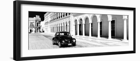 ¡Viva Mexico! Panoramic Collection - Black VW Beetle and Mexican Architecture B&W II-Philippe Hugonnard-Framed Photographic Print