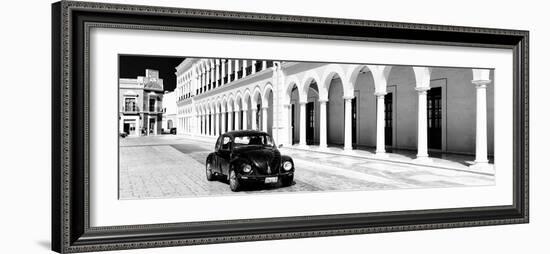 ¡Viva Mexico! Panoramic Collection - Black VW Beetle and Mexican Architecture B&W II-Philippe Hugonnard-Framed Photographic Print