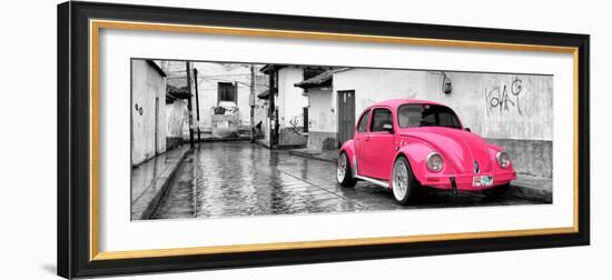 ¡Viva Mexico! Panoramic Collection - Deep Pink VW Beetle Car in San Cristobal de Las Casas-Philippe Hugonnard-Framed Photographic Print