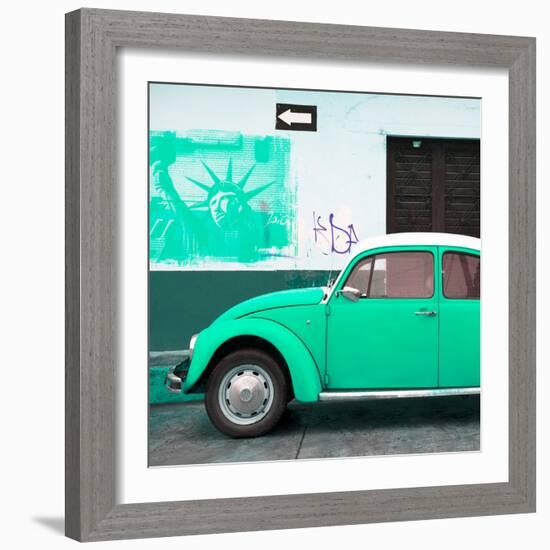 ¡Viva Mexico! Square Collection - Coral Green VW Beetle Car and American Graffiti-Philippe Hugonnard-Framed Photographic Print