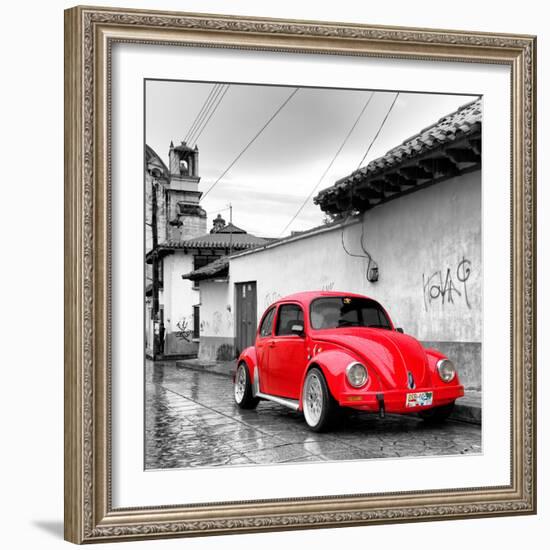 ¡Viva Mexico! Square Collection - Red VW Beetle Car in San Cristobal de Las Casas-Philippe Hugonnard-Framed Photographic Print