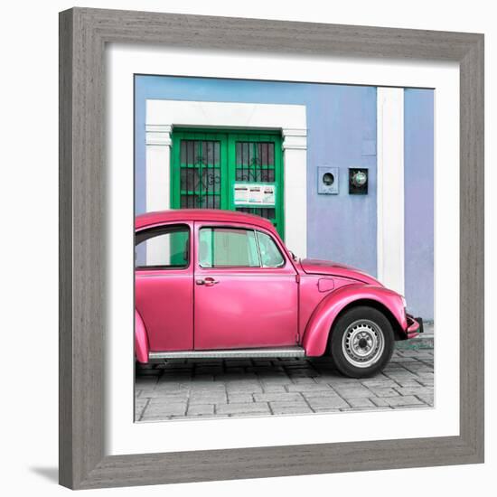 ¡Viva Mexico! Square Collection - The Hot Pink VW Beetle Car with Powder Blue Street Wall-Philippe Hugonnard-Framed Photographic Print