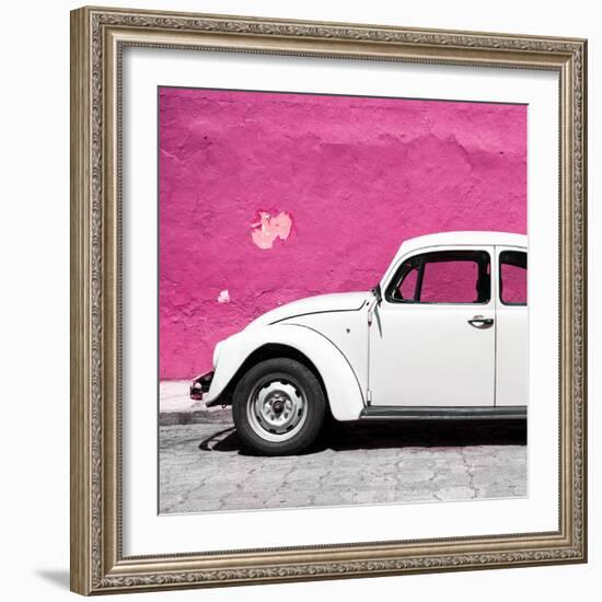 ¡Viva Mexico! Square Collection - White VW Beetle Car & Deep Pink Wall-Philippe Hugonnard-Framed Photographic Print