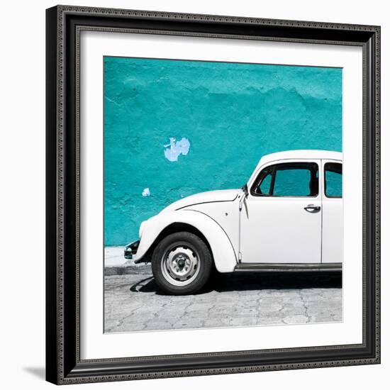 ¡Viva Mexico! Square Collection - White VW Beetle Car & Turquoise Wall-Philippe Hugonnard-Framed Photographic Print