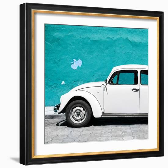 ¡Viva Mexico! Square Collection - White VW Beetle Car & Turquoise Wall-Philippe Hugonnard-Framed Photographic Print