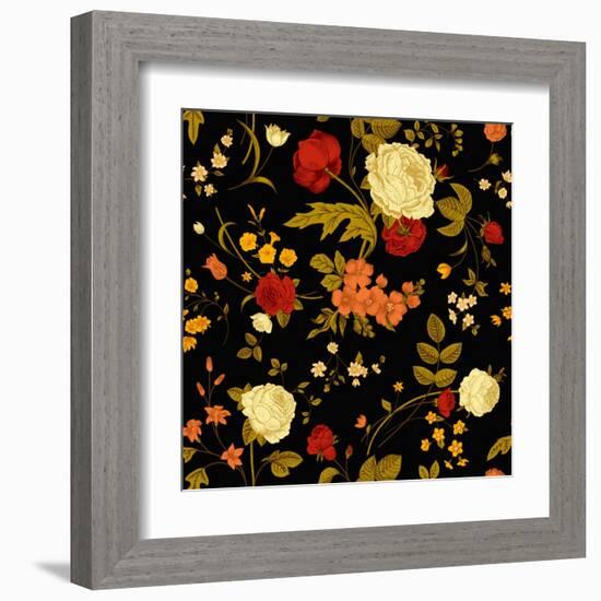 Vivid Victorian Flowers on a Black Background-Olga Korneeva-Framed Art Print