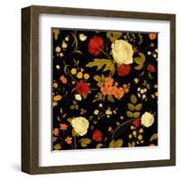 Vivid Victorian Flowers on a Black Background-Olga Korneeva-Framed Art Print