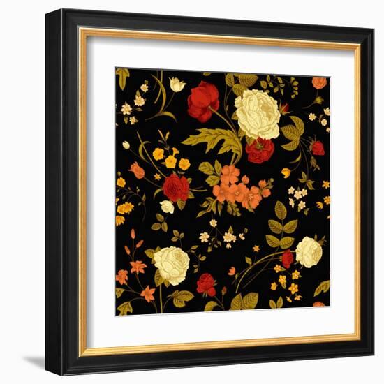 Vivid Victorian Flowers on a Black Background-Olga Korneeva-Framed Art Print