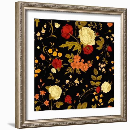 Vivid Victorian Flowers on a Black Background-Olga Korneeva-Framed Art Print