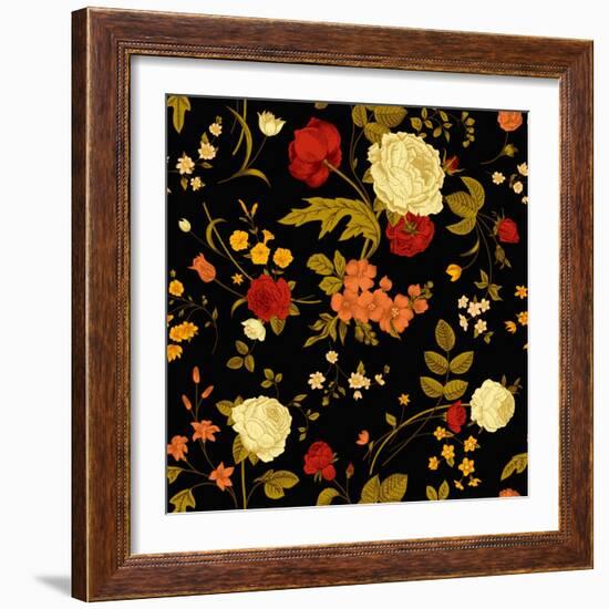 Vivid Victorian Flowers on a Black Background-Olga Korneeva-Framed Art Print