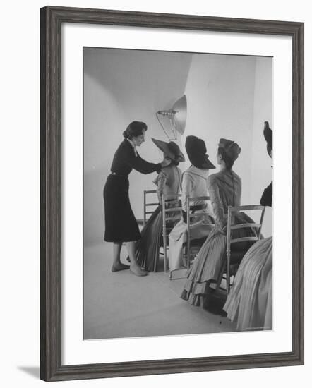 Vogue Magazine Editor Bettina Ballard Directing and prepping models for Photo Shoot at Studio-Nat Farbman-Framed Premium Photographic Print