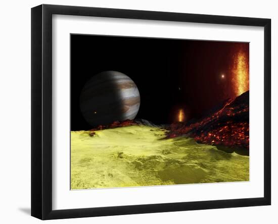 Volcanic Activity on Jupiter's Moon Io, with the Planet Jupiter Visible on the Horizon-Stocktrek Images-Framed Photographic Print