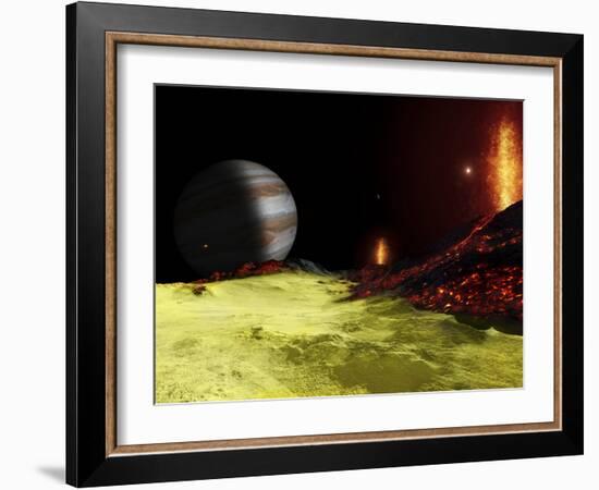 Volcanic Activity on Jupiter's Moon Io, with the Planet Jupiter Visible on the Horizon-Stocktrek Images-Framed Photographic Print