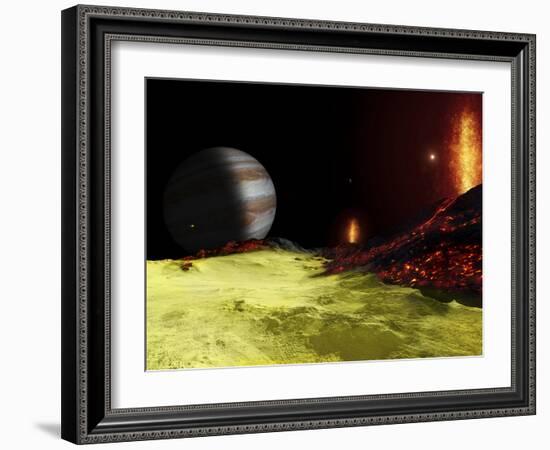 Volcanic Activity on Jupiter's Moon Io, with the Planet Jupiter Visible on the Horizon-Stocktrek Images-Framed Photographic Print