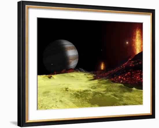 Volcanic Activity on Jupiter's Moon Io, with the Planet Jupiter Visible on the Horizon-Stocktrek Images-Framed Photographic Print