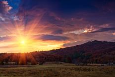Panoramic View of the Dramatic Sunset in the Autumn Mountains. Colorful Forest on the Slopes. Old F-Volodymyr Martyniuk-Photographic Print