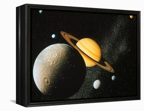 Voyager I Composite of Saturn & Six of Its Moons-null-Framed Premier Image Canvas