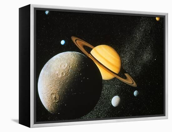 Voyager I Composite of Saturn & Six of Its Moons-null-Framed Premier Image Canvas