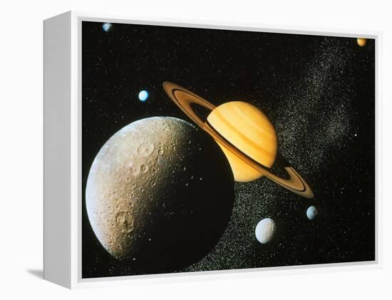 Voyager I Composite of Saturn & Six of Its Moons-null-Framed Premier Image Canvas