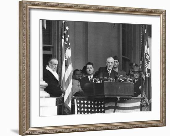 VP Harry S. Truman Sitting in Background as President Franklin D. Roosevelt Makes Inaugural Address-George Skadding-Framed Photographic Print