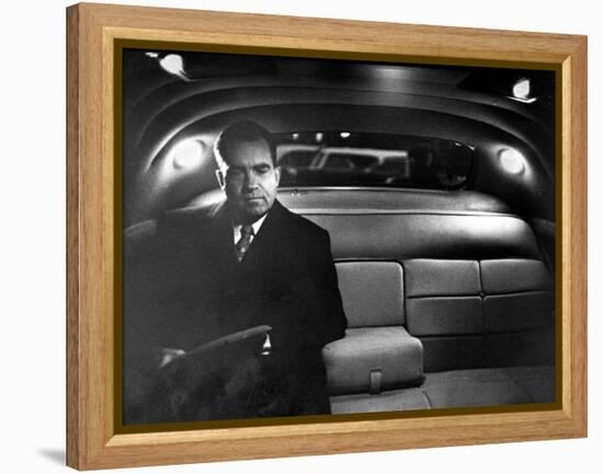 VP Richard Nixon Sitting Solemnly in Back Seat of Dimly Lit Limousine-Hank Walker-Framed Premier Image Canvas