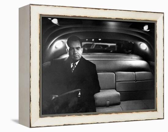 VP Richard Nixon Sitting Solemnly in Back Seat of Dimly Lit Limousine-Hank Walker-Framed Premier Image Canvas