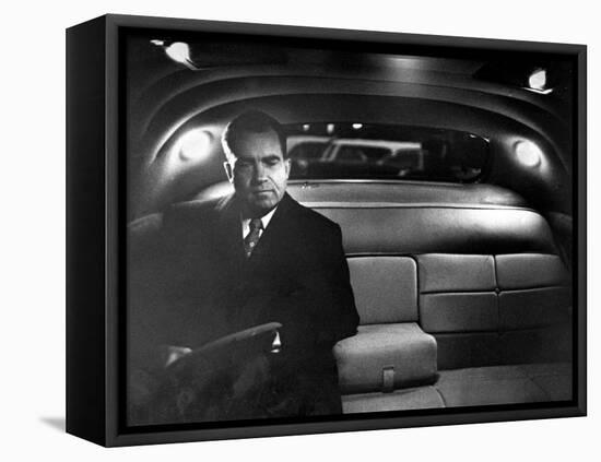 VP Richard Nixon Sitting Solemnly in Back Seat of Dimly Lit Limousine-Hank Walker-Framed Premier Image Canvas