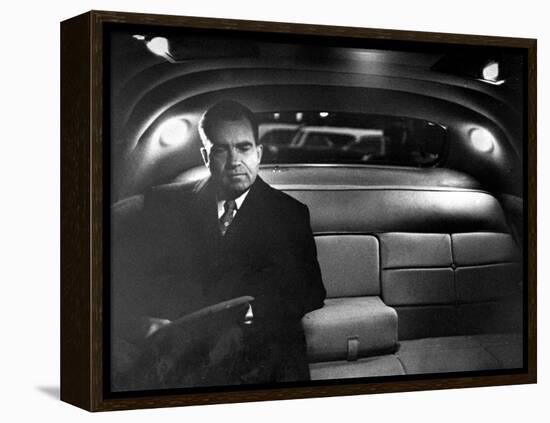 VP Richard Nixon Sitting Solemnly in Back Seat of Dimly Lit Limousine-Hank Walker-Framed Premier Image Canvas