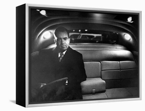 VP Richard Nixon Sitting Solemnly in Back Seat of Dimly Lit Limousine-Hank Walker-Framed Premier Image Canvas