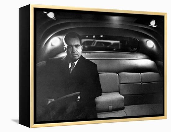 VP Richard Nixon Sitting Solemnly in Back Seat of Dimly Lit Limousine-Hank Walker-Framed Premier Image Canvas