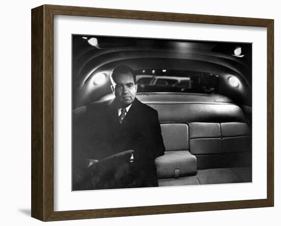 VP Richard Nixon Sitting Solemnly in Back Seat of Dimly Lit Limousine-Hank Walker-Framed Photographic Print