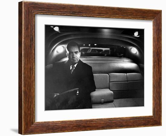 VP Richard Nixon Sitting Solemnly in Back Seat of Dimly Lit Limousine-Hank Walker-Framed Photographic Print